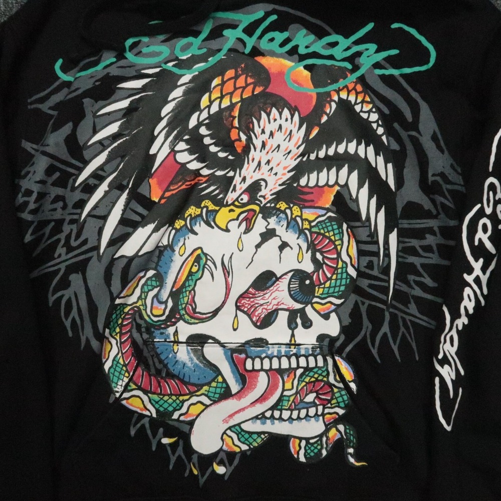 Ed Hardy Hoodie Mens Large Black Eagle Skull Graphic Pullover Hooded Pockets - Picture 4 of 12